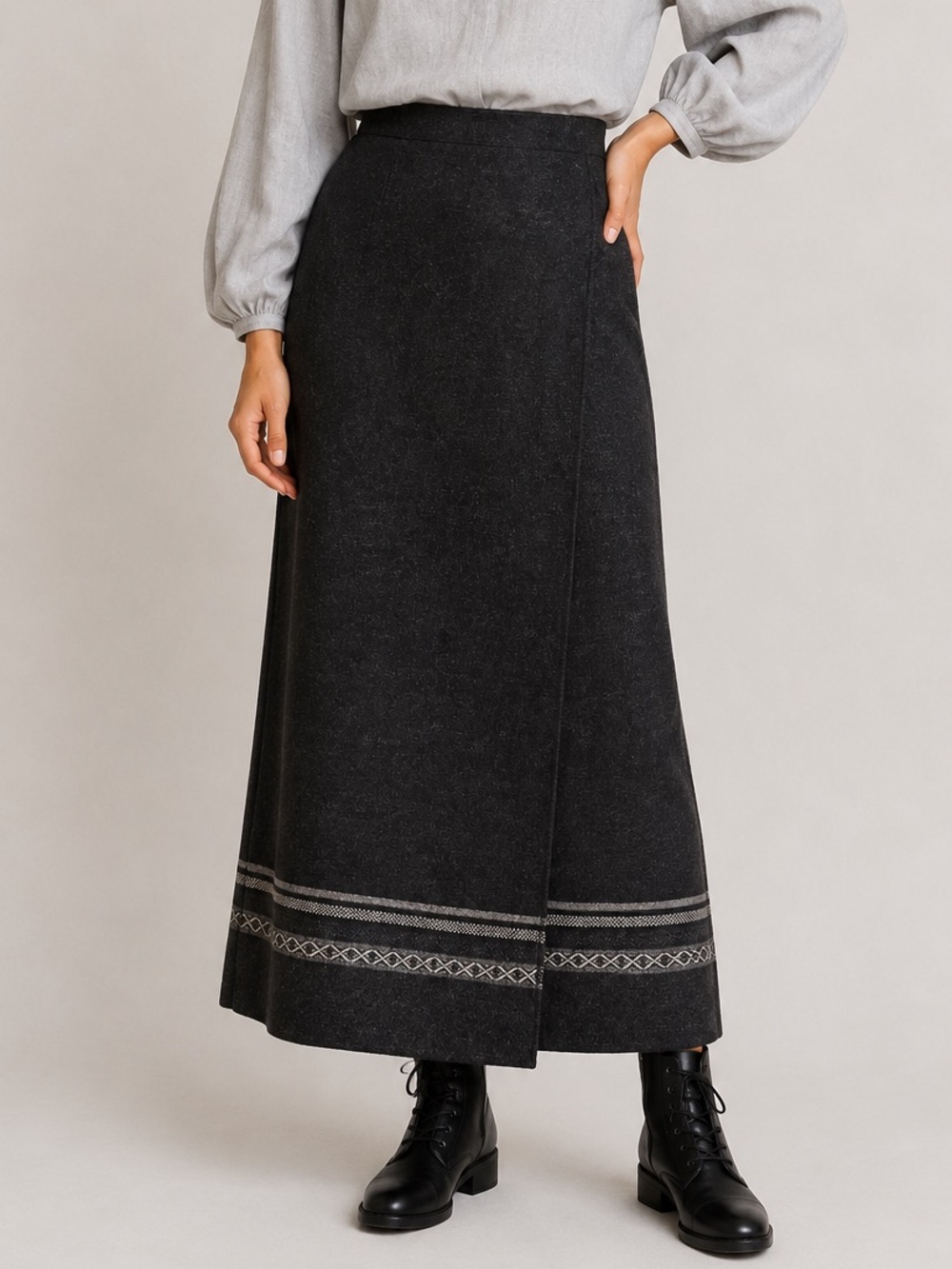 Eddie Bauer dark gray wool blend Maxi Skirt with Hem Stripe Detail